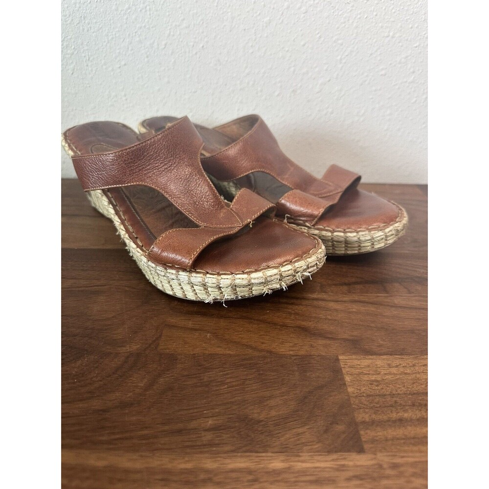 Born Drilles Womens Slide Sandals Brown Leather Espadrille Wedge Slip Ons SZ 10